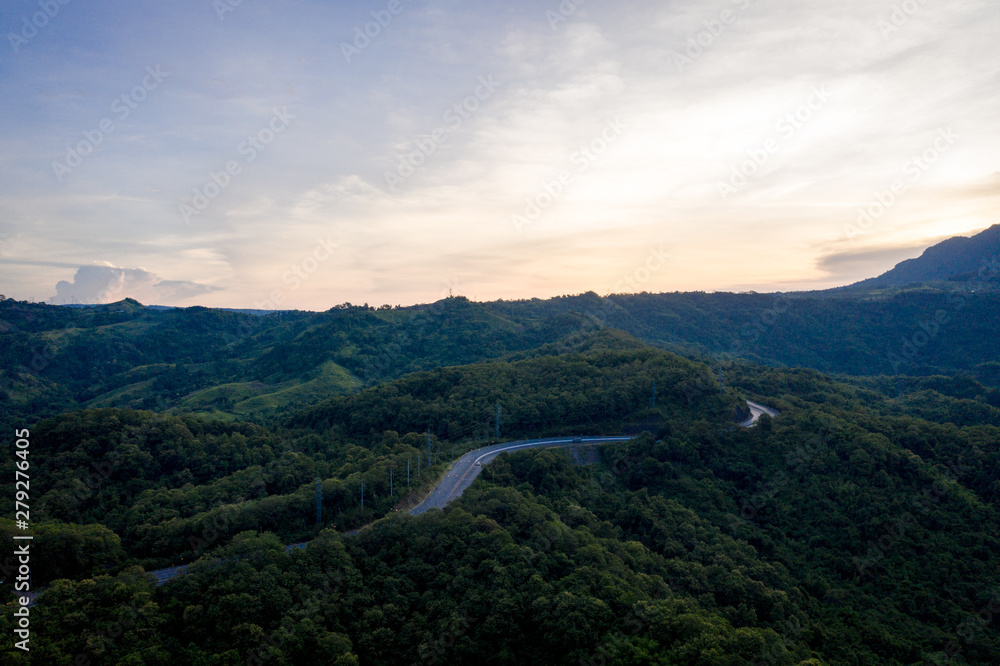Aerial view of mountains and chewed roads on the mountain during sunset at Khao Kho Viewpoint, Phetchabun Province, Thailand Aerial view of mountains and chewed roads on the mountain during sunset at Khao Kho Viewpoint, Phetchabun Province, Thailand