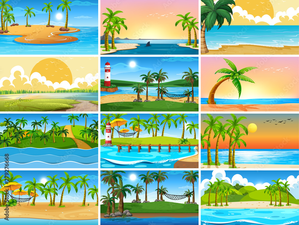 Set of tropical ocean nature scenes with beaches