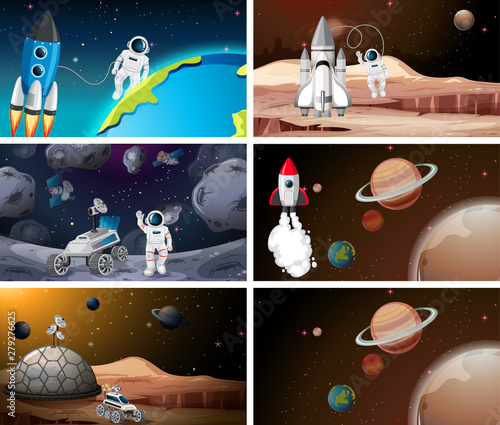Set of astronaut and solar system scenes
