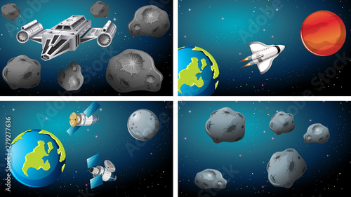 Set of space scenes with ships and satellites
