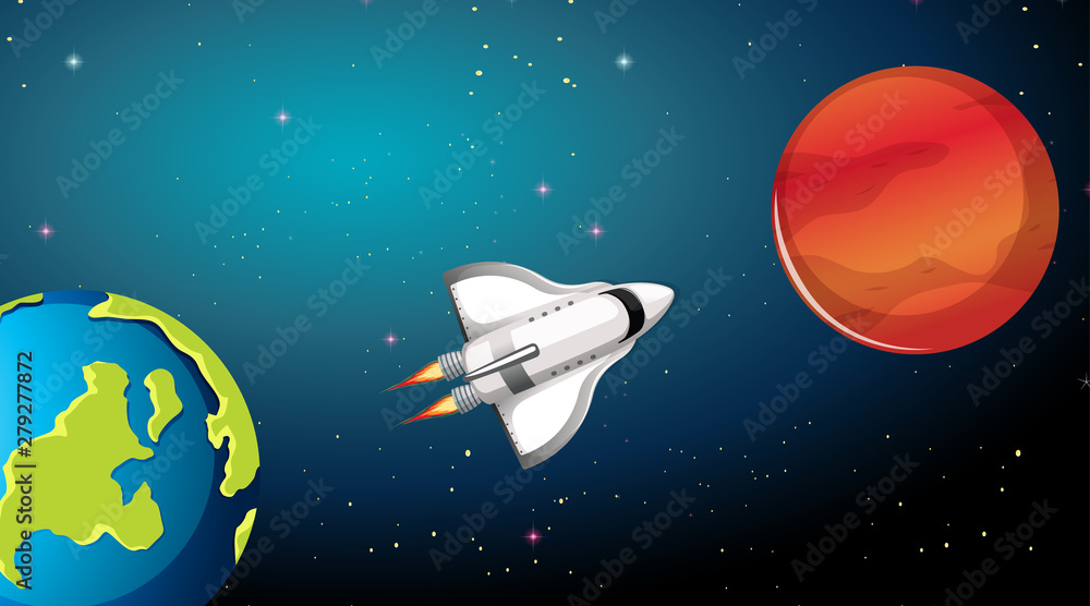 Naklejka premium Rocket ship and planets scene