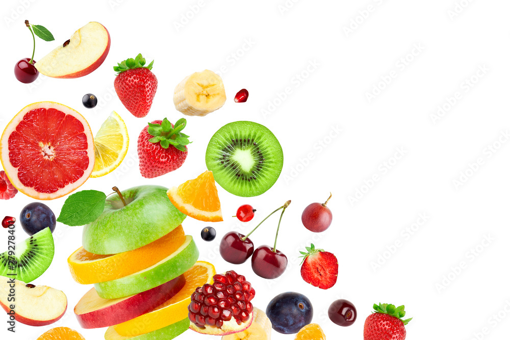 Naklejka premium Mixed fruits. Falling fruits.
