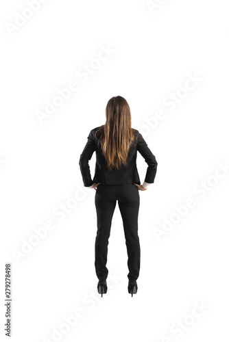 Back of a businesswoman. Isolated on white background