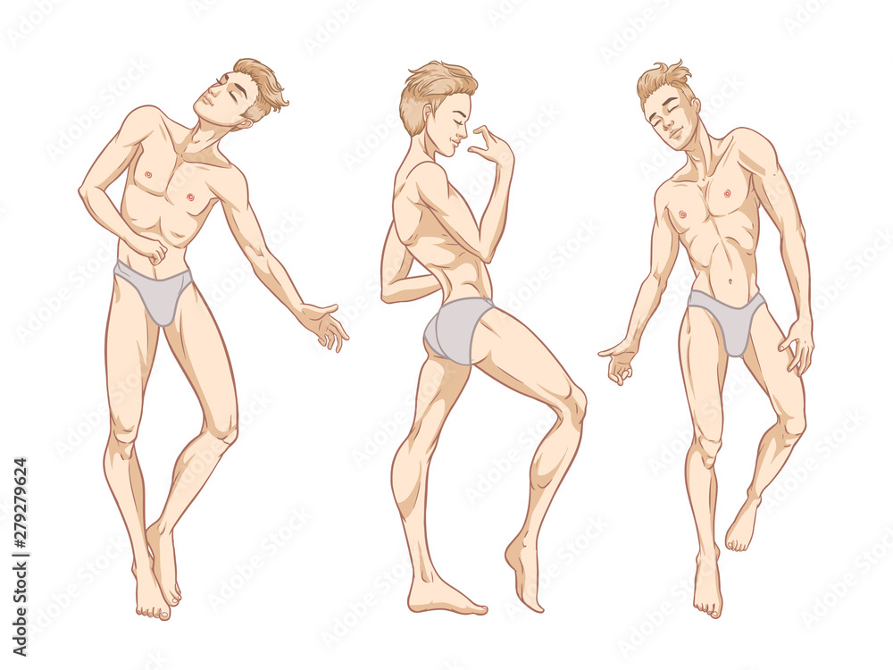 Vetor do Stock: Sexy handsome men dancing in underwear, stripper, go-go  boy, gay club disco, vector illustration