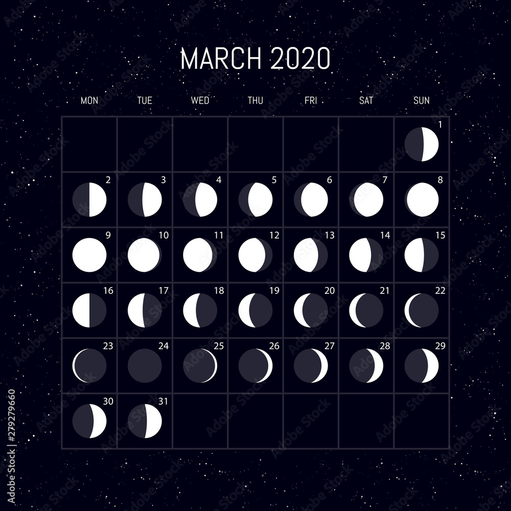 Moon phases calendar for 2020 year. March. Night background design ...