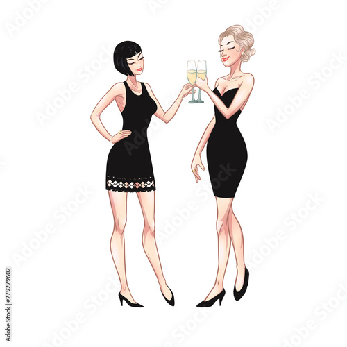 Two beautiful young women holding champagne glasses. Twenties retro party pin-up flapper girls in black dresses. Vector comic illustration