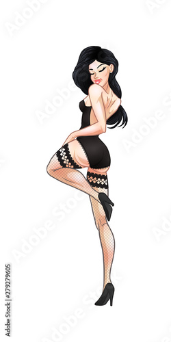 Beautiful young brunette woman dancing in black underwear and fishnet stockings, hot sexy girl, club, burlesque, striptease sex symbol. Vector illustration