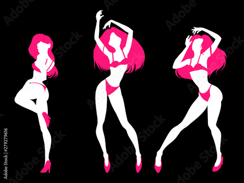 Set of sexy women silhouettes in underwear, club burlesque performer, dancer, stripper, go-go girl, vector illustration