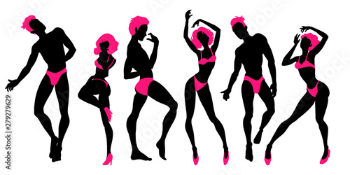 Group of dancing people silhouettes, sexy dancers, men and women, go-go boys and girls, strippers, vector illustration