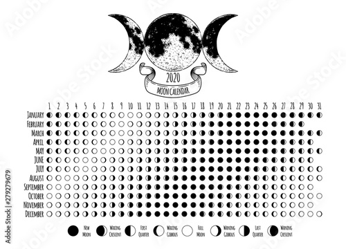Moon calendar, 2020 year, lunar phases, cycles. Design illustrated with Triple Goddess symbol: Maiden, Mother and Crone. Vector illustration