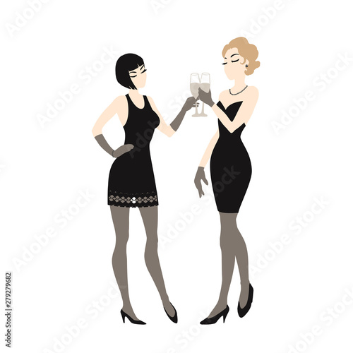 Two beautiful young women holding champagne glasses. Twenties retro party pin-up flapper girls in black dresses. Vector comic illustration