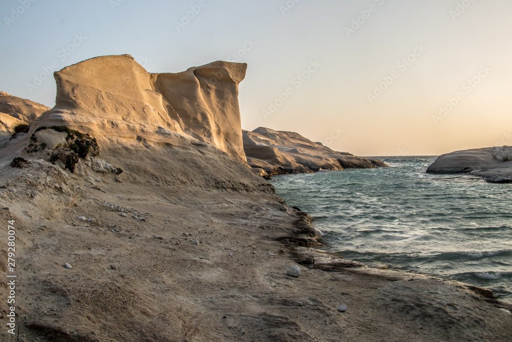White volcanic cliffs in Sarakíniko beach in the morning White volcanic cliffs in Sarakíniko beach in the morning