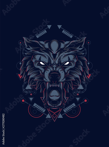 wild wolf head logo illustration with sacred geometry pattern as the background