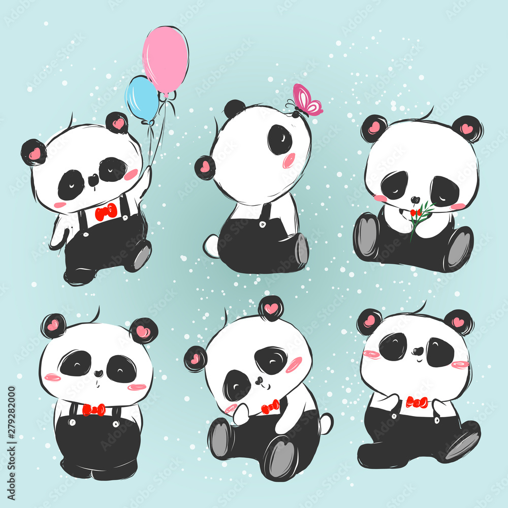 Hand Drawn of Cute Panda Set Hand Drawn of Cute Panda Set