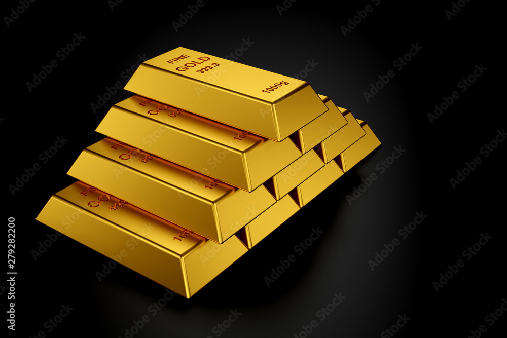 Gold bars for website banner. 3D rendering of gold bars.