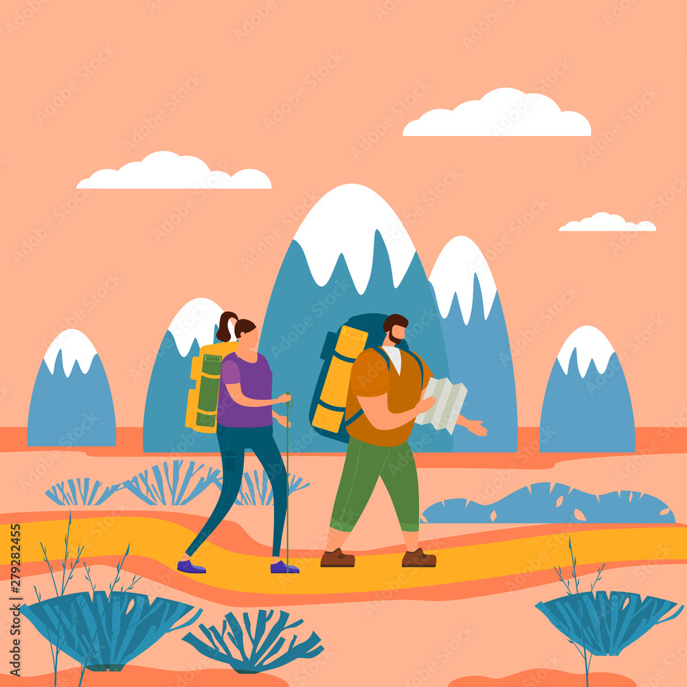 Obraz premium Tourists cute couple in love performing outdoor touristic activity - adventure travel, hiking walking trip