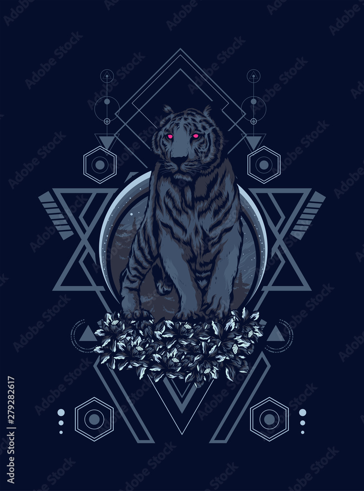Wild white tiger illustration with sacred geometry pattern as the background