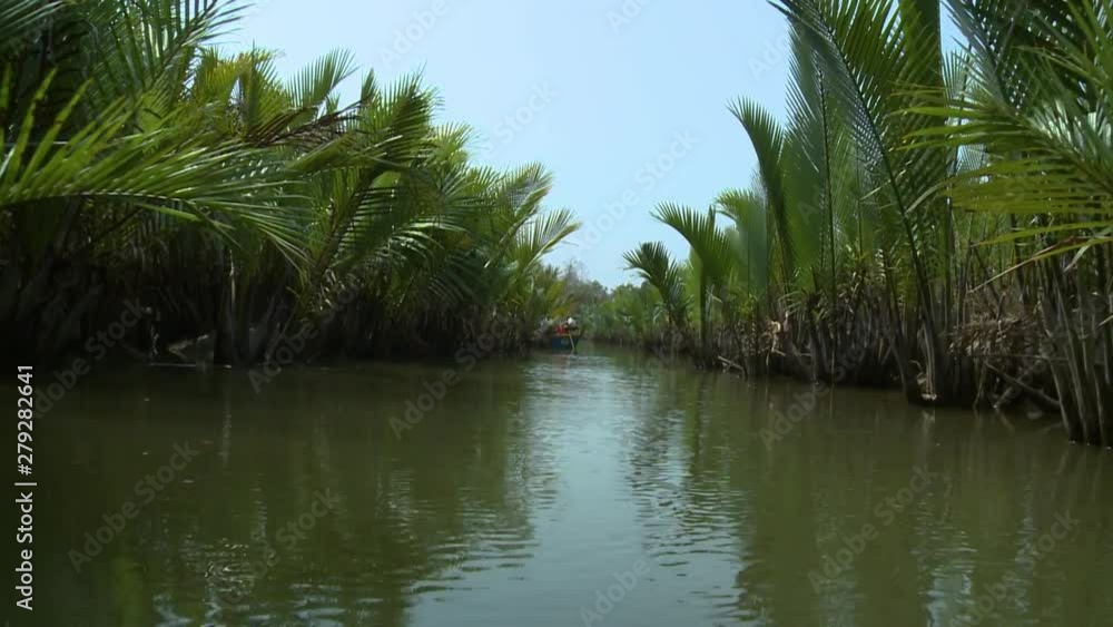 Wide low-angle fast-moving dolly shot of nipa palms along a narrow water Channel. A head is a traditional canoe with touring passengers, Kangy River, Myanmar Wide low-angle fast-moving dolly shot of nipa palms along a narrow water Channel. A head is a traditional canoe with touring passengers, Kangy River, Myanmar