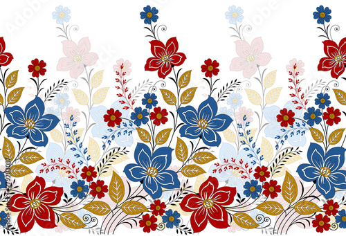 Fényképezés Seamless textile floral border on white background