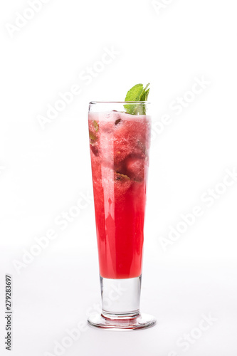 refreshing summer drink with fresh strawberries and mint in tall glass isolated on white background