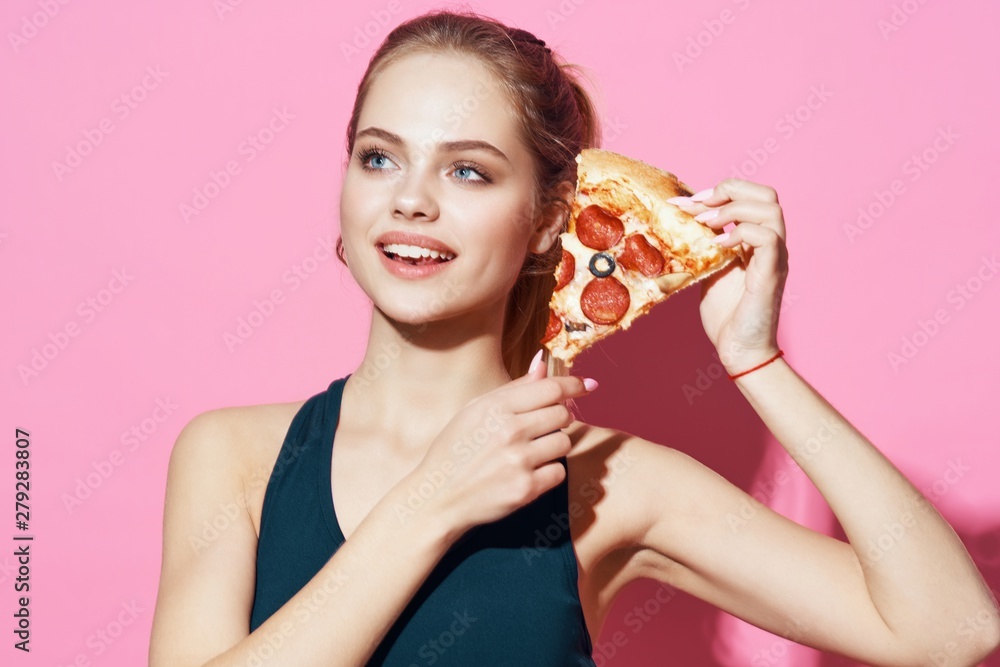 portrait of a young beautiful woman with pizza portrait of a young beautiful woman with pizza
