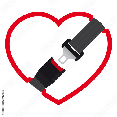 Vector icon heart with safety belt for protection - open. Isolated on white background.