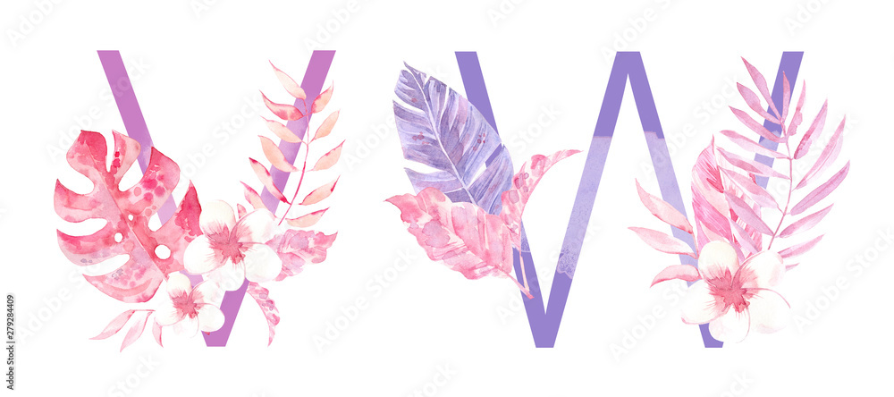 Watercolor Hand Drawn tropic letters monograms or logo. Uppercase V, W with jungle herbal decorations. Palm and monstera leaves, flowers and branches.