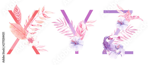 Watercolor Hand Drawn tropic letters monograms or logo. Uppercase X, Y, Z with jungle herbal decorations. Palm and monstera leaves, flowers and toucan.