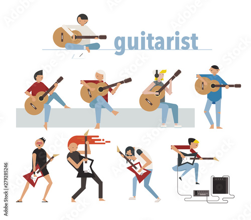 Guitarists playing acoustic and electric guitars. flat design style minimal vector illustration.