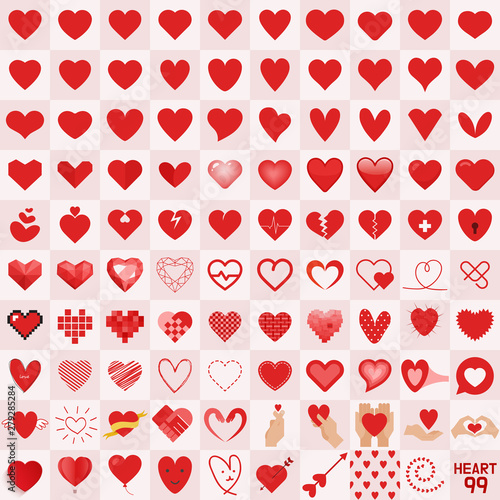 99 kinds of hearts. flat design style minimal vector illustration.