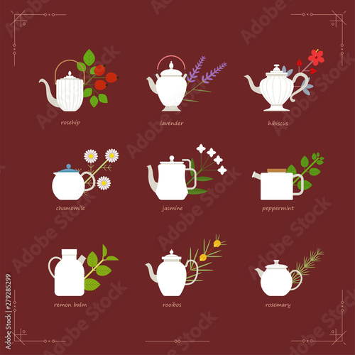 Herbal tea menus. Elegant teapots in various forms. flat design style minimal vector illustration.