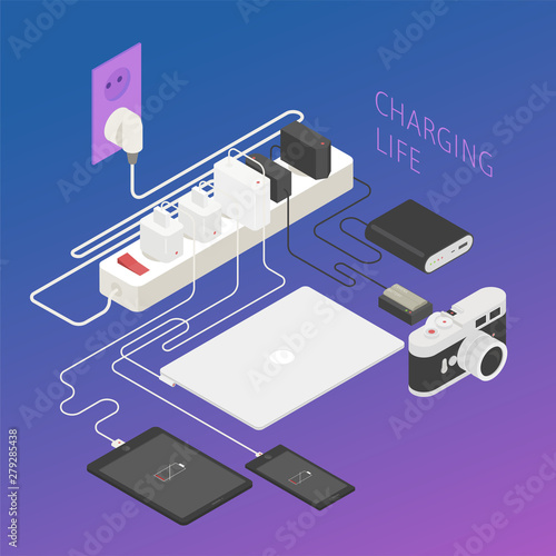 Lifestyle to charge various electronic products. Isometric design. flat design style minimal vector illustration.