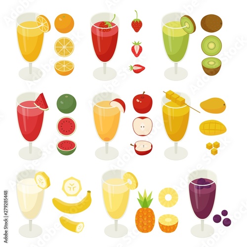 Fruit drinks in juice cups isometric design. Fruit icons. flat design style minimal vector illustration.