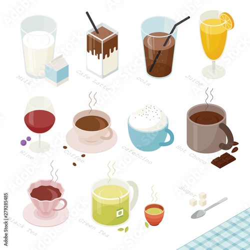 Drinks in a variety of menu isometric design. flat design style minimal vector illustration.