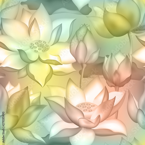 Lotus buds and flowers seamless background., Water lilly nelumbo aquatic plant packaging design.