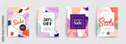 Set of sale brochures templates. Memphis covers design. Trendy colorful bubble shapes composition. Vector backgrounds.
