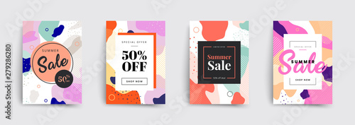 Set of sale brochures templates. Memphis covers design. Trendy colorful bubble shapes composition. Vector backgrounds.