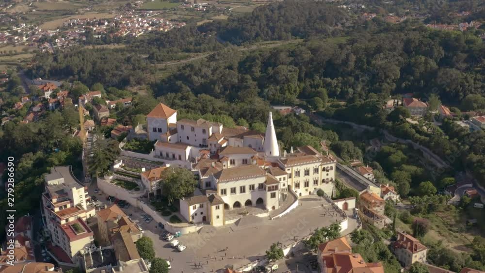 Sintra National palace in Portugal, Europe, 4k aerial drone sunrise view Sintra National palace in Portugal, Europe, 4k aerial drone sunrise view