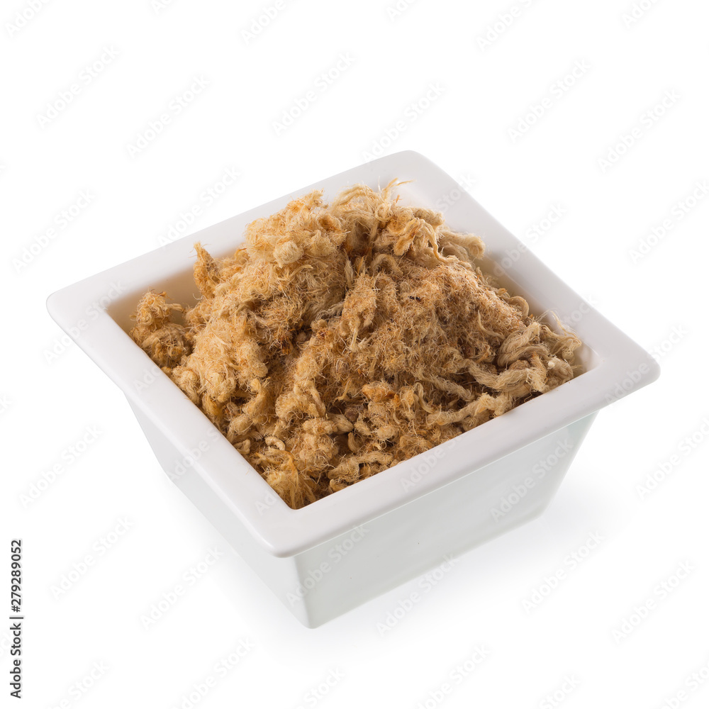 Dried shredded pork In a white box isolated on white background Dried shredded pork In a white box isolated on white background