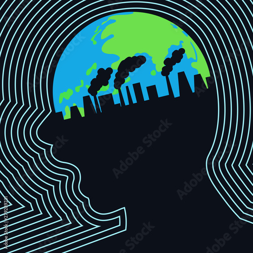  Industrial pollution of the earth inside the screaming human head profile, framed with lines. Vector illustration.