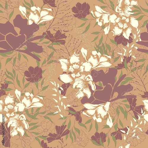 Floral vintage texture for fabric. Ornament of flowers and leaves on a brown background. Elegant natural ornament. Vintage texture for decoration of fabric, tile and paper and wallpaper on the wall.
