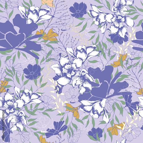 Floral vintage texture for fabric. Ornament of flowers and leaves on a purple background. Vintage texture for decoration of fabric, tile and paper and wallpaper on the wall.
