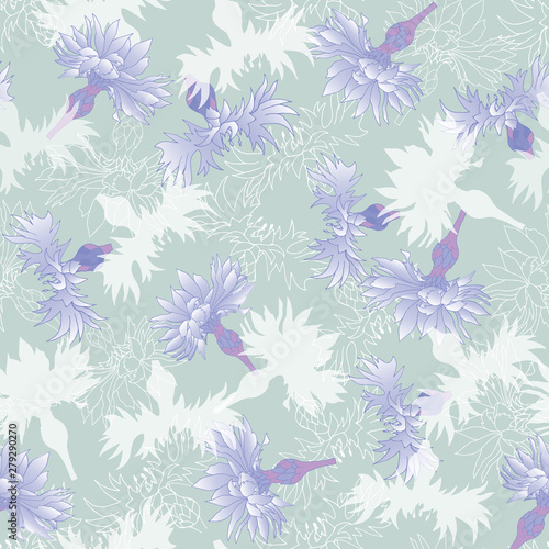 Floral texture for fabric. Seamless ornament of flowers and leaves on a blue background. Vintage texture for decoration of fabric, tile and paper. © Irina