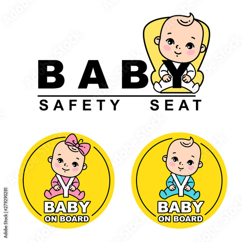 Baby sitting on car seat. Baby on board logotype. 