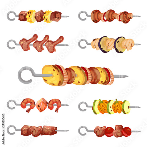 Set of images of skewers with kebab. Vector illustration on white background.
