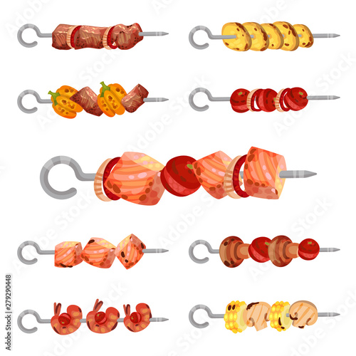Set of images of kebabs on skewers. Vector illustration on white background.