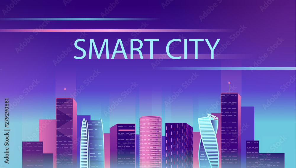 Smart city neon glowing cityscape for website and mobile website. Vector illustration.