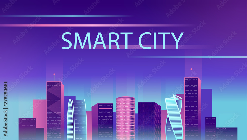 Naklejka premium Smart city neon glowing cityscape for website and mobile website. Vector illustration.