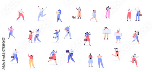 People background. Crowd of people walking on street horizontal banner. Men and women flat vector set. Different walking and running people. Male and female. Flat vector characters