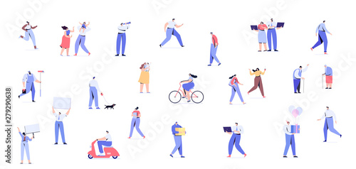 People background. Crowd of people walking on street horizontal banner. Men and women flat vector set. Different walking and running people. Male and female. Flat vector characters